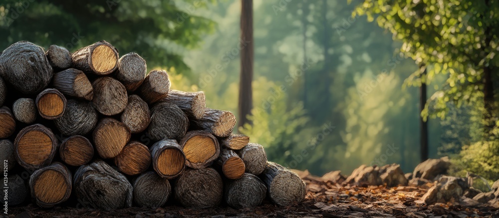 Aufkleber wood logs stacked in a forested area with soft sunlight filtering through trees copy space