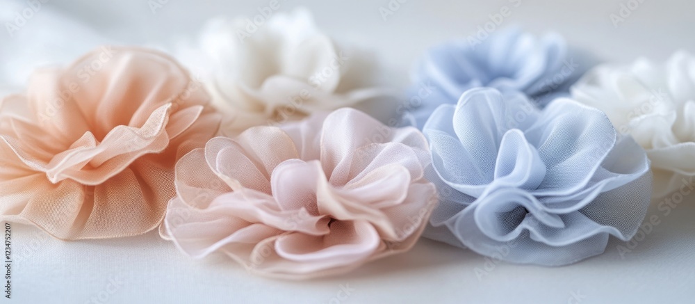 Poster delicate fabric flowers in soft pastel colors on a light background with copy space for text inserti