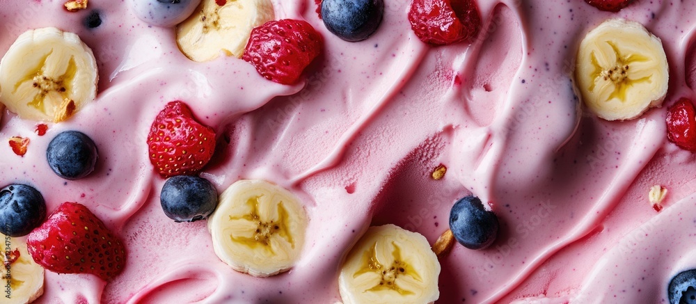 Aufkleber fruity yogurt swirl with bananas raspberries and blueberries on a textured surface with copy space f