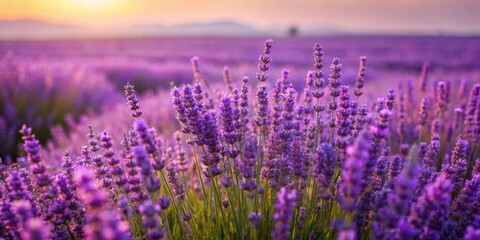 Obraz premium A field of lavender blooms bathed in the golden light of sunrise, creating a breathtaking scene of purple hues and delicate fragrance
