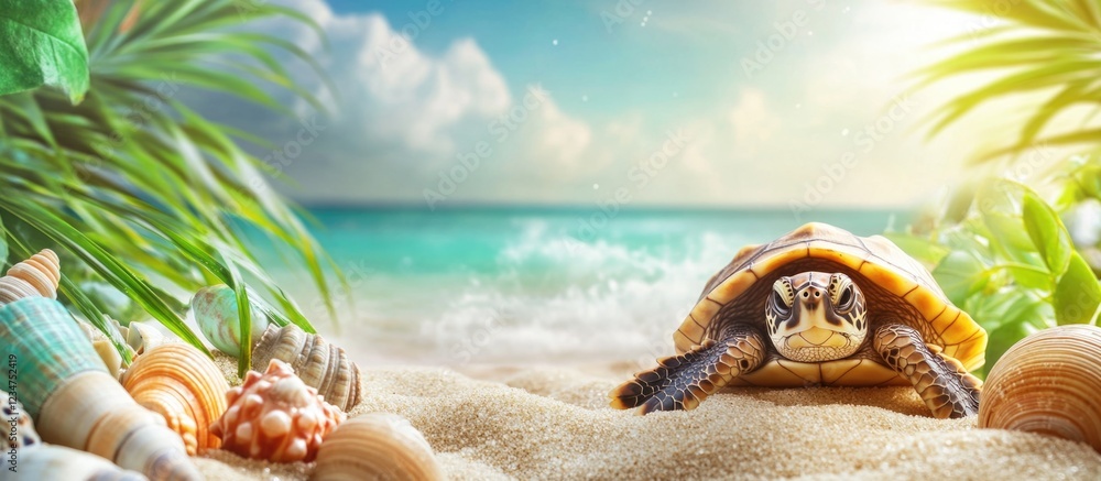 Poster turtle on sandy beach with seashells and ocean waves in background tropical landscape with copy spac