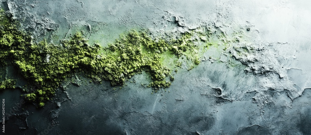 Poster textured surface with green moss growth on dark stone background natural elements with copy space fo