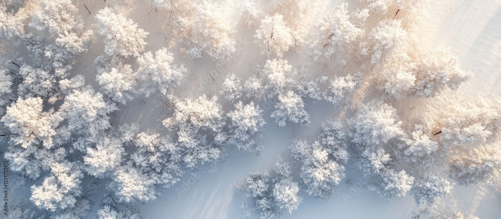 Poster aerial view of snow-covered trees in a winter landscape with soft light and shadows copy space