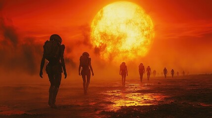 Astronauts walk towards a giant burning sun in a desolate red landscape on an alien planet