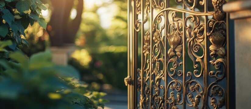 Ornate wrought iron gate partially open in a lush garden during golden hour with soft sunlight illuminating the scene Copy Space