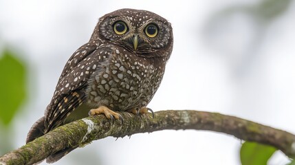 Obraz premium Charming Owl Perched on Branch Surrounded by Lush Greenery