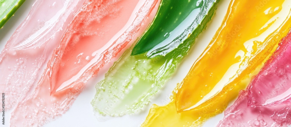 Poster colorful gel textures in various shades and hues arranged in a row on a white background with copy s