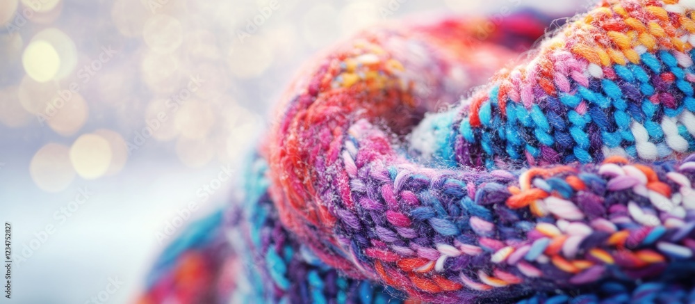 Poster colorful knitted scarf with a blurred background and bokeh lights showing texture and detail copy sp