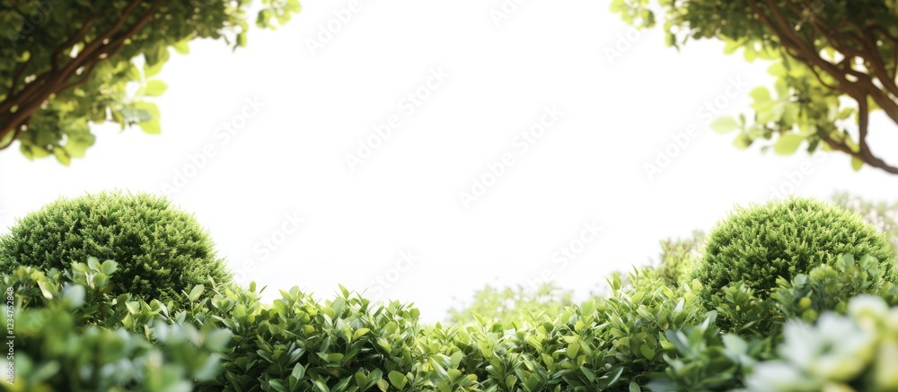 Poster lush green foliage and bushes framing a bright empty space with soft sunlight copy space for text pl