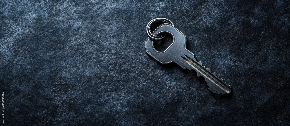 Poster close-up of a single metal key on a dark textured background with copy space for text placement