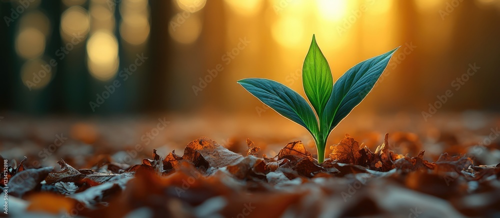 Aufkleber young plant sprouting in forest soil with sunlight filtering through trees creating a warm atmospher