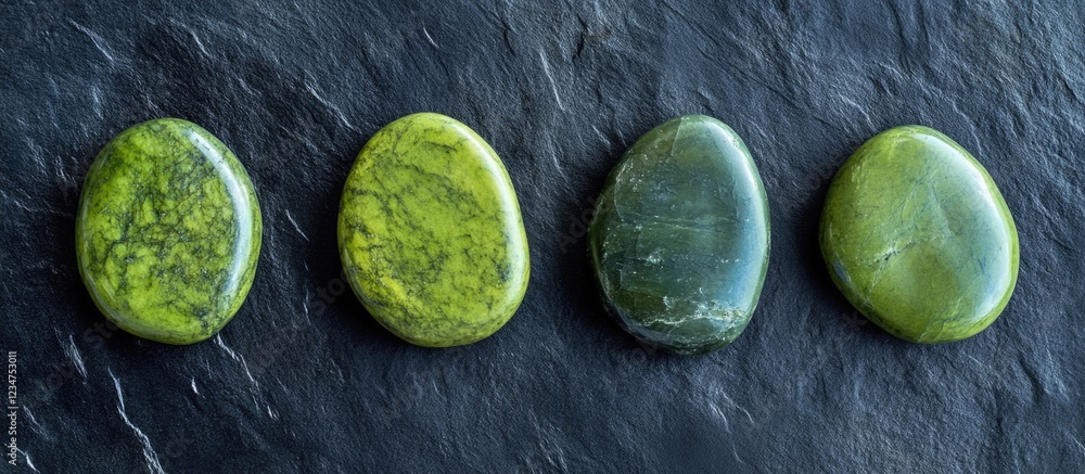 Poster green polished stones arranged in a row on a dark slate background with copy space for text placemen