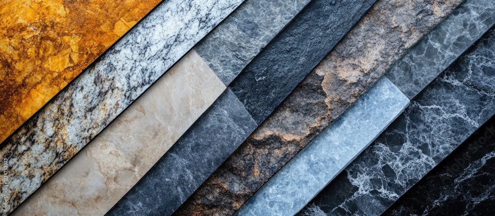 Poster variety of textured stone surface samples in horizontal arrangement with different colors and patter