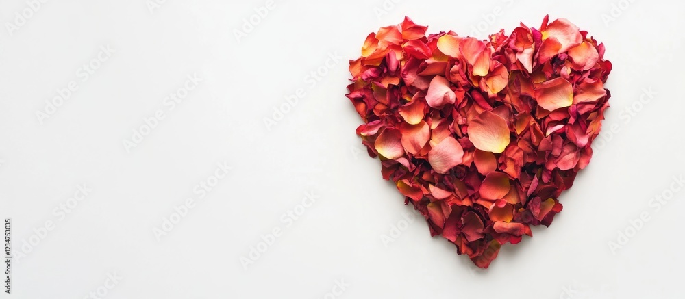 Poster heart shape formed with red rose petals on a light background with copy space for text placement