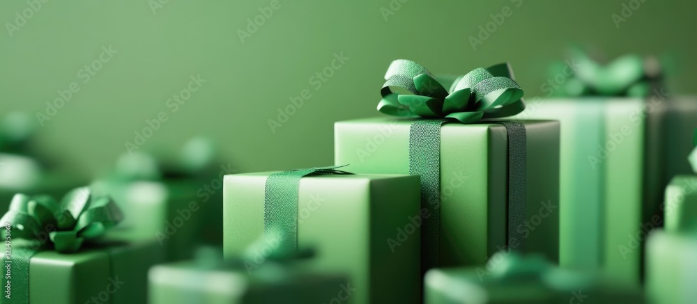 Poster green gift boxes with bows stacked on each other on a soft green background with copy space for text