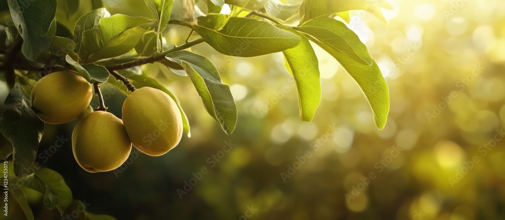 Poster lemon tree with ripe lemons on branches against a blurred background of sunlight with copy space for