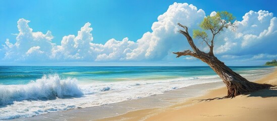 Scenic beach landscape with gentle waves, lone tree, and dramatic cloud formations under a blue sky Copy Space
