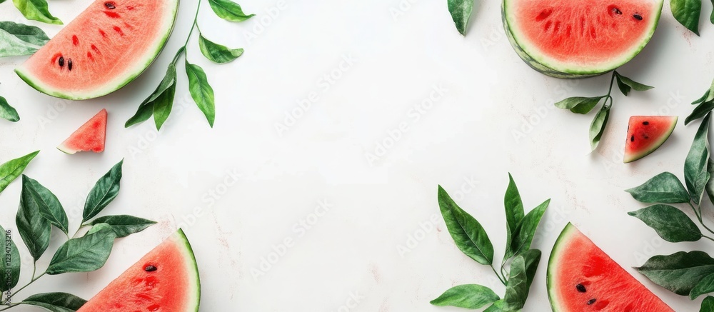 Poster fresh watermelon slices surrounded by green leaves on a light marble background with ample copy spac