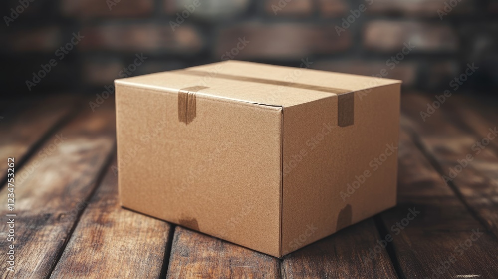 Poster brown cardboard box on wooden table with rustic brick wall background and ample copy space for text 