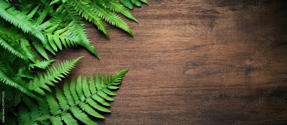 Poster ferns on wooden background with copy space for text and design elements