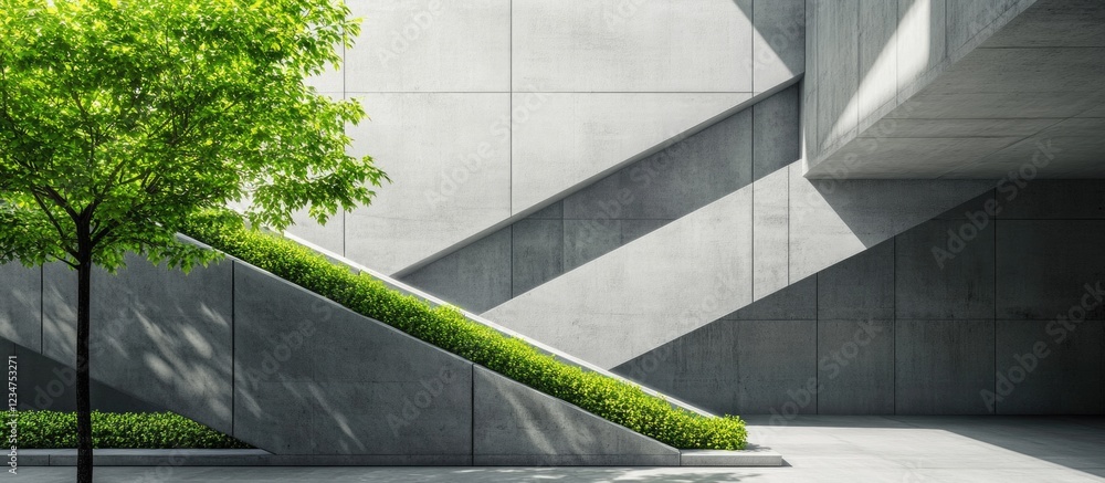 Aufkleber modern architectural design with green landscaping and concrete structure featuring shadows, minimal
