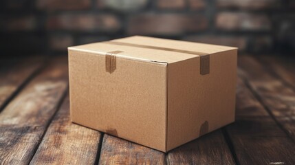 Brown cardboard box on wooden table with rustic brick wall background and ample copy space for text placement