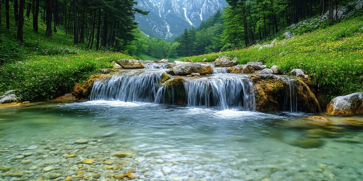 Pristine Mountain Stream Waterfall in Lush Forest with Crystal Clear Waters and Rocky Terrain Amidst Serene Natural Beauty Under Blue Sky Ideal for Nature Lovers