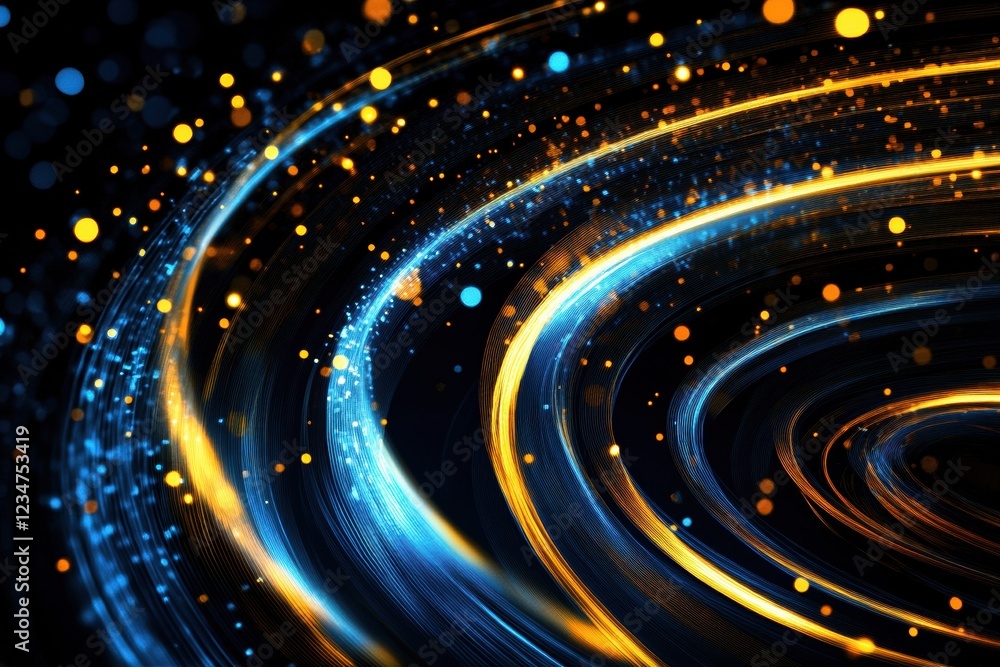 Poster dynamic light trails with vibrant blue and yellow sparks in a semicircular wave pattern, showcasing 