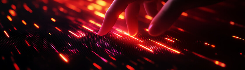 Hand interacts with glowing red and orange digital lights, symbolizing modern technology and innovation.
