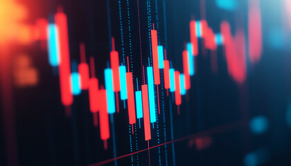 Abstract digital financial chart with line graph in blue and red colors, glowing with data and analytics concept.