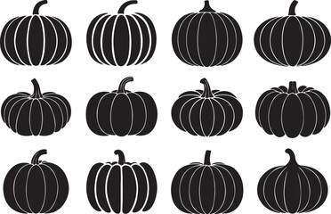 Clean and smooth pumpkin silhouette vector icon set, flat pumpkin black icon illustration design, isolated on a white background.