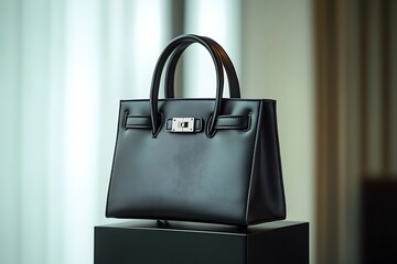Classic black leather handbag with a timeless design, displayed on a sleek black pedestal.