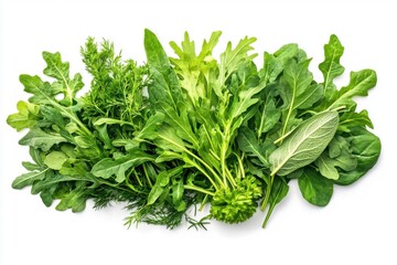 Obraz premium Gathering of fresh leafy greens and aromatic herbs on a light surface for culinary inspiration and healthy cooking ideas. Elegant presentation for food-related projects and designs