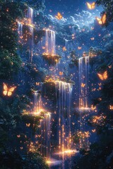 Fototapeta premium Enchanted Waterfall Cascading With Butterflies And Lights