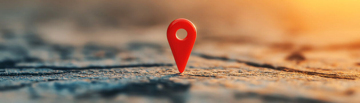 Close-up of red location pin on map surface, symbolizing navigation and travel, blurred background.