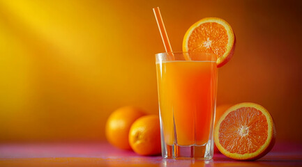 A glass of fresh orange juice on a bright yellow background. The cup comes with a straw inserted and is decorated with a green leaf and an orange slice.

