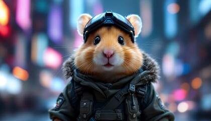 Adorable Hamster in a Stylish Military Jacket, Cityscape Background