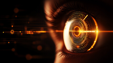 Futuristic eye with digital holographic interface highlighting concepts of vision technology and artificial intelligence.