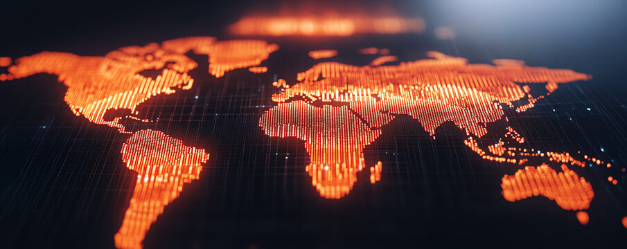 Futuristic digital world map glowing on dark background, symbolizing global network connections and data exchange.
