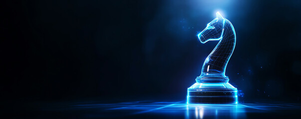 Glowing digital chess knight on dark digital background, representing strategy and futuristic concepts.