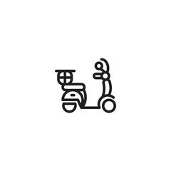A simple line drawing of a scooter with a basket on the back. Represents urban transportation, a motorbike, delivery vehicle, or a two-wheeled mode of transport.