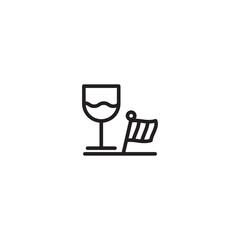 A simple line drawing of a wine glass with liquid and a small flag on a stick beside it. Represents a celebration with drinks, a toast, a special occasion, or a wine tasting event.