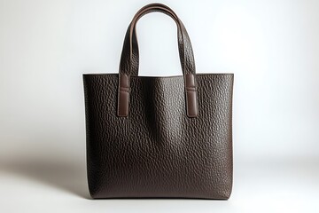 Classic brown tote with textured leather and sturdy handles, presented on a pure white backdrop.