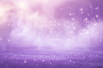 Fototapeta premium Enchanting violet mist draping landscape with glimmering stars and luminous particles, creating a dreamy atmosphere at dawn over tranquil waters or rolling hills. Perfect for serene imagery