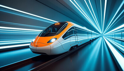 Obraz premium A modern high-speed train, painted in bright colors, moves through a tunnel with futuristic lighting, demonstrating speed and adaptability.