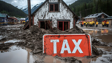 Mudslide Damage to House with Tax Sign in Mountainous Rural Area