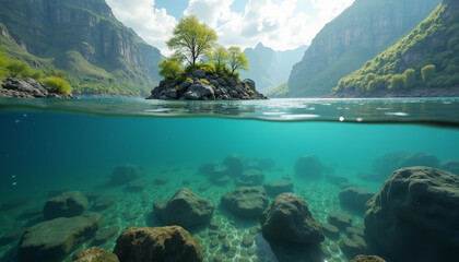 An amazing underwater and above-water view of a crystal clear lake with a single tree on a small island reflected in the water, with underwater rocks and plants, creating the effect of a divided world