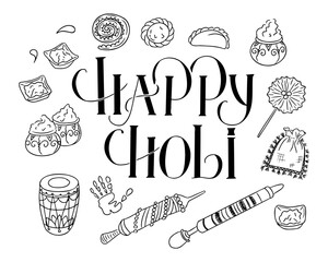 WeBlack and white Holi illustration with Happy Holi calligraphy surrounded by traditional elements like sweets, drums, water guns, color bowls, and festive icons, celebrating Indian culture