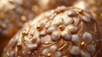 Fototapeta premium Easter chocolate egg. A painted Easter egg. Golden Easter egg. Easter card and chocolate painted egg.