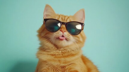 A playful ginger cat wearing trendy sunglasses with its tongue out, set against a teal background, adding humor and charm. Ideal for creative marketing, pet-themed campaigns, or social media content